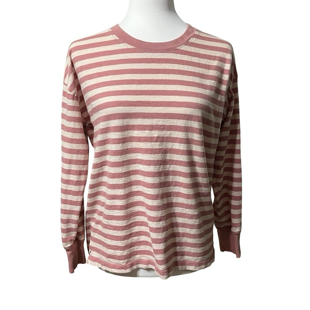 👚 J.Crew Long-Sleeve Slub Cotton Striped Tee Size S Dusty Rose White GUC!👚